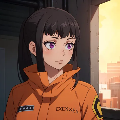 anime girl in orange uniform looking out of window with city in background