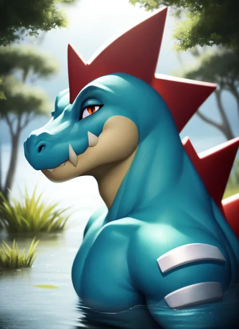 feraligatr, scalie male anthro, reptile boy, portrait, tranquil, solo, scales, (best quality), (marshland pond background:1.2), ...