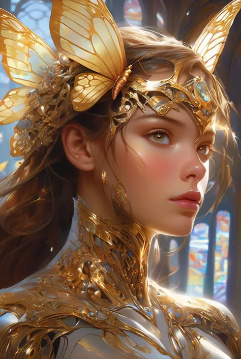 Retrato 8k de um lindo ciborgue com cabelo castanho, Intrincado, elegante, Altamente detalhado, majestoso, Fotografia digital, arte de artgerm e ruan jia e greg rutkowski pintura surreal filigrana de borboleta dourada, vidro quebrado, (obra de arte, iluminação lateral, lindos olhos finamente detalhados: 1.2), HDR, 