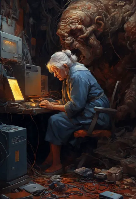 digital artwork of a {old woman struggling fighting his computer want to go away from it felling sadhis brain destroyed has no hope waisting time on checking his work his age passe without doing anything without achieving any think} By (Sam Spratt and james jean:1.36), detailed background, masterpice, trending on artstation, best quality, 4k textures, ultra detailed