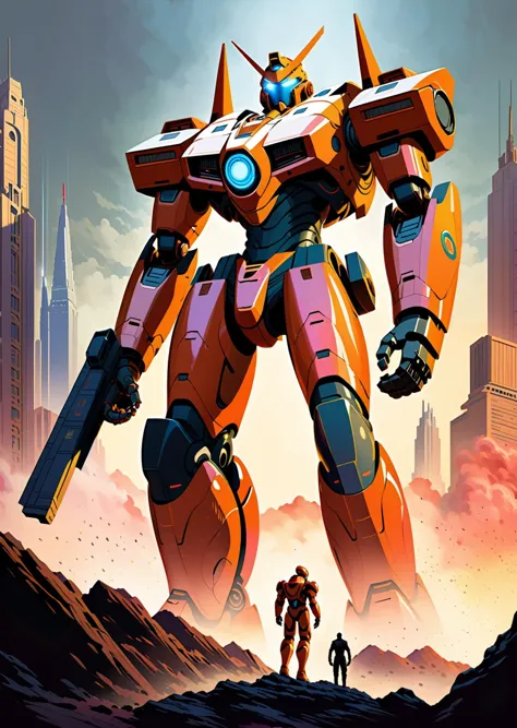 a close up of a cartoon of a giant robot with a man standing in front of it