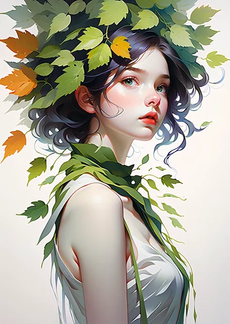 a close up of a woman with a wreath of leaves on her head