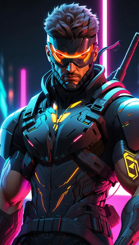 a man in a futuristic suit with glowing glasses and a gun