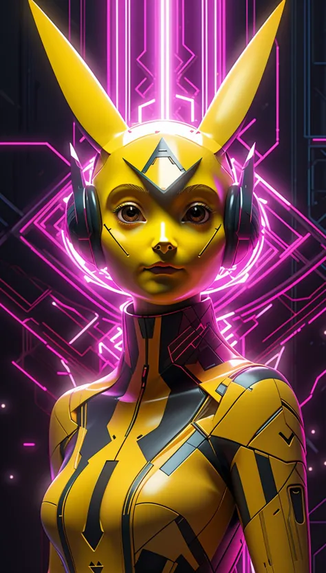 1 cyberpunk female  pikachu, closeup shot, synthwave, geometric, art by Hilma af Klint