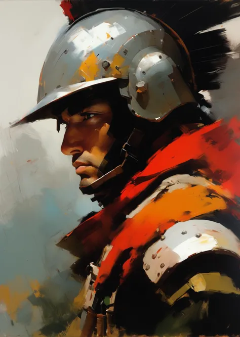 a painting of a man in a helmet and a red scarf