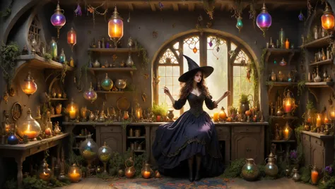 Generate a vivid description of a young witch woman dancing with joy and enchantment  within her whimsical home. As she twirls a...