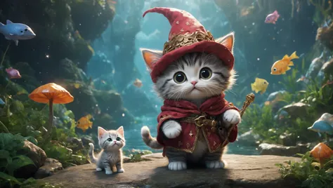 Visualize a cute animal, a sweet kitten  adorably dressed as a fantasy character. This little adventurer embarks on a journey th...
