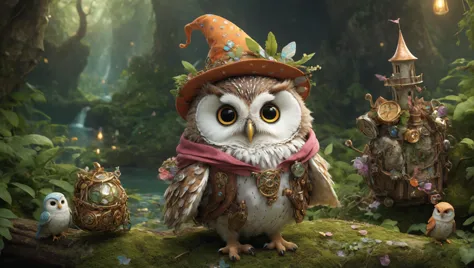 Visualize a cute animal, a whimsical owl  adorably dressed as a fantasy character. This little adventurer embarks on a journey t...