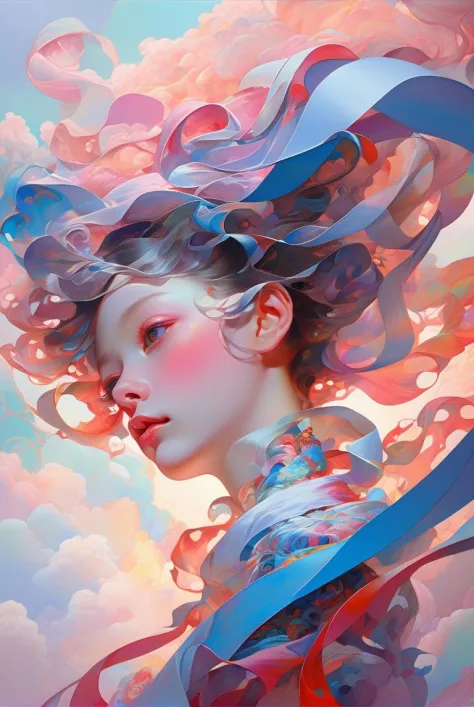 _james jean, floating female figure made of ribbons, smoke, in the sky, colorful and vibrant, mystical colors, contemporary impr...
