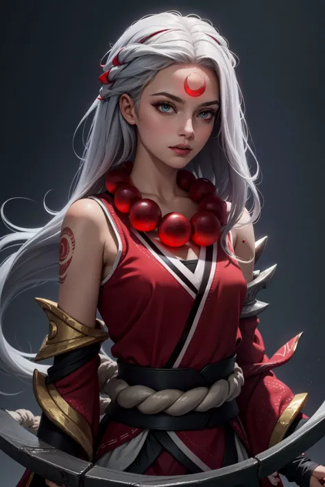 a woman with white hair and red and black outfit holding a sword