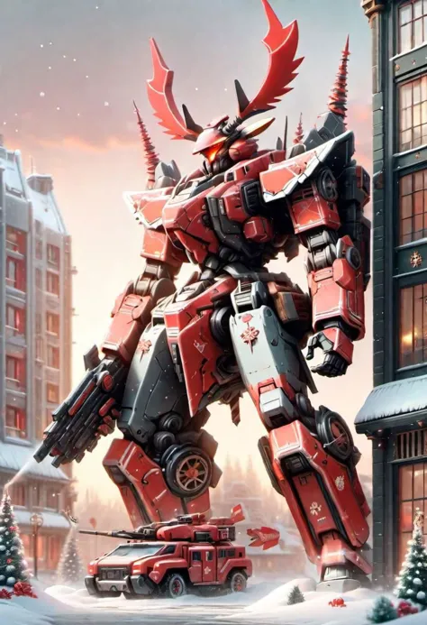 MechanicusStyleAI, SnowStyle, red mecha, tall, raindeer head, raindeer horn, big cannons, in city, christmas decorations on buil...