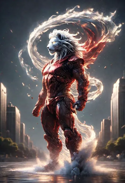 ral-cigarette, 8K, Cyborg Warrior, Solo, Anthropomorphic White Lion face, 10 heads tall, red costume, ninja, red cloak, metropolis, night, jump from the rooftop towards the city, midair, Dynamism, Cut the wind, The surrounding scenery is blurry, depth of field