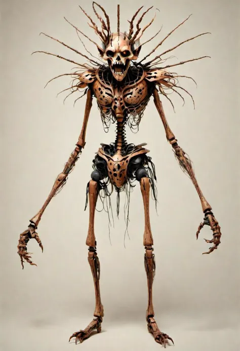 a close up of a skeleton with a large head and arms