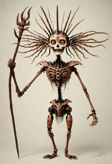 a skeleton with a long stick and a large head