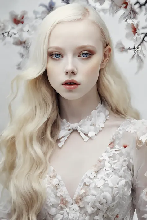 a woman with long blonde hair and blue eyes wearing a white dress