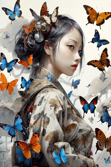 a close up of a woman with a bunch of butterflies in her hair