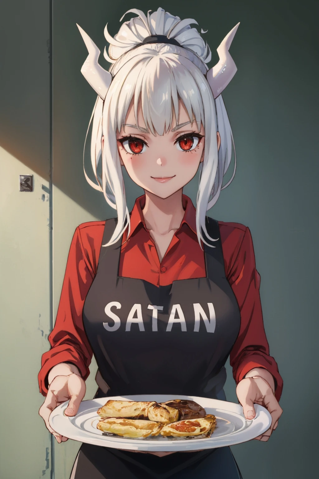 (masterpiece, best quality:1.2), solo, 1girl, luciferapron, smile, looking at viewer, holding plate, red shirt, black apron 