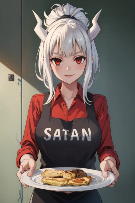 (masterpiece, best quality:1.2), solo, 1girl, luciferapron, smile, looking at viewer, holding plate, red shirt, black apron <lor...