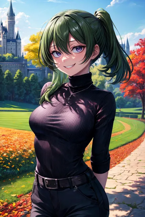 a woman with green hair and a black top standing in front of a castle