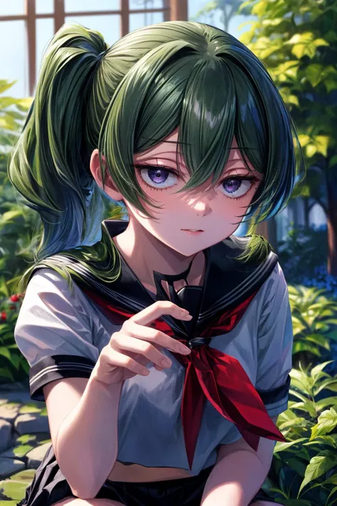 anime girl with green hair and a red bow sitting in a garden