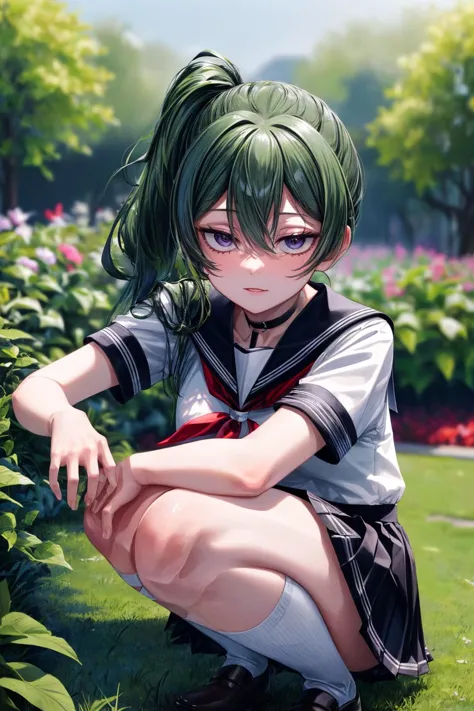 a girl with green hair and a school uniform crouches down in the grass