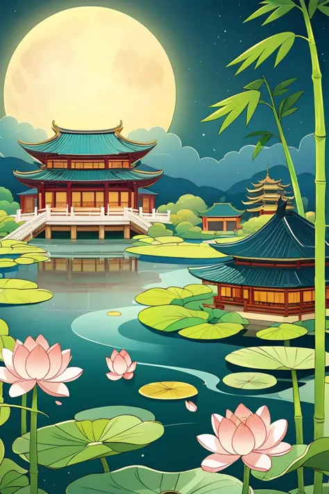 HEZI, Ukiyo-e illustration, national style illustration, rich picture, lotus, flower, waves, east asian architecture, no humans, water, architecture, watercraft, lily pad, building, scenery, pink flower, boat, moon, cloud, egasumi, sun, sky, outdoors, mountain, bridge, pagoda, solo, surreal, ship, smoke, crescent moon, night, tree, train, star \(sky\), full moon, fish, ground vehicle, abstract, 1girl, ocean, colorful, night sky, bamboo, leaf, wide shot, ripples, 