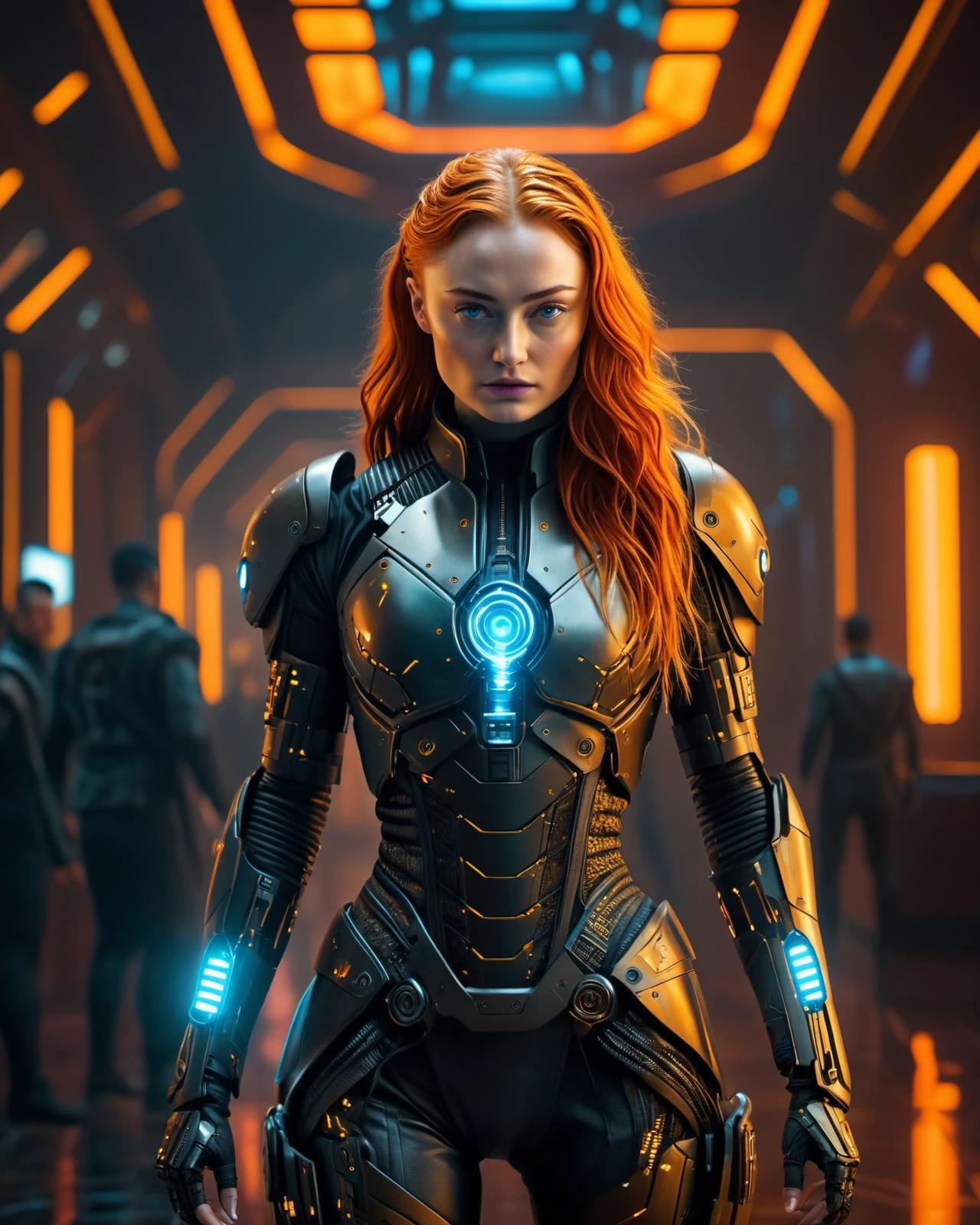 (masterpiece), , (extremely detailed),  (cinematic lighting),(silicone skin texture), (hyperrealistic), (photography),
alluring Sophie Turner, Cyberpunk Hotel Hall, Cyberpunk soldier glowing outfit, electric wand in hand DonMCyb3rN3cr0XL , techno-witch, cyborg, occultist