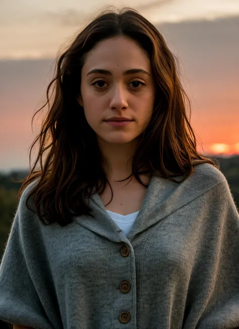 RAW photo, emmy rossum <lora:Emmy Rossum LoRA:0.65>, angry, wearing Oxford Gray Poncho, background sunset (high detailed skin:1....