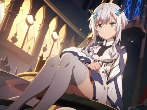 anime girl sitting on a chair in a castle with a clock