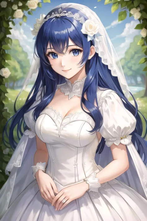 caeda fe, 1girl, solo, looking at viewer, smile, wedding dress, bride, white dress, bridal veil, standing, upper body, large breasts