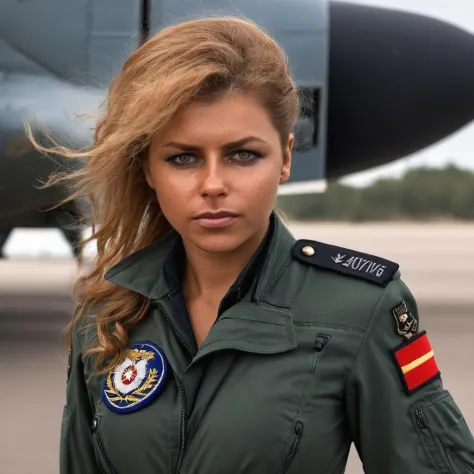 julia_yaroshenko, <lora:JuliaYaroshenkoXL:1>, (pilot)), pilot uniform, ((full body military uniform)), pilot,standing on a burni...