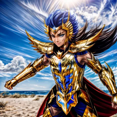 anime drawing of man wearing golden (defmas:0.8) armor, helmet <lora:defmas4:0.9>   chasing an enemy, determined look, dynamic pose, on a bright day sandy ruin, sun clouds, sand,(high detailed skin:1.2), 8k uhd, dslr, soft lighting, high quality, film grai...