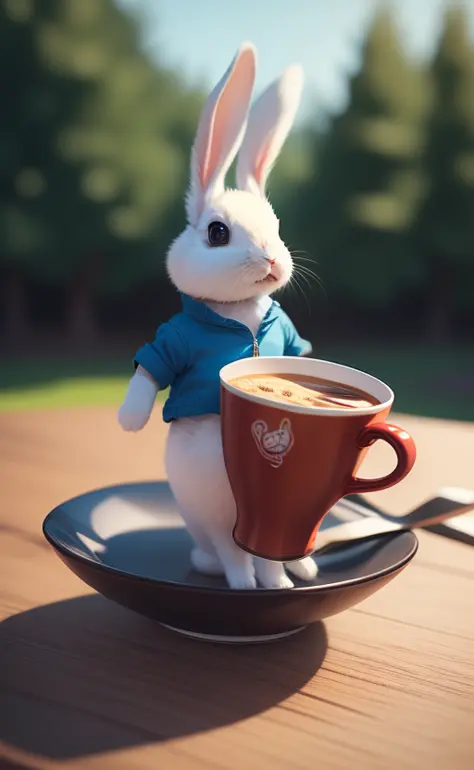 (A rabbit with a long and thin body, holding a teacup in his hand, the background is the forest, he is drinking the teacup happily, he is wearing blue and red clothes, black pants, and boots on his feet ) , adorable, adorable, whimsical,  3D vector art, cute and quirky, fantasy art, watercolor effect, bokeh, Adobe Illustrator, hand-drawn , digital painting, low-poly, low-light, panoramic view, isometric style , retro aesthetic , focus on character, 4K resolution, photorealistic rendering, using Cinema 4D