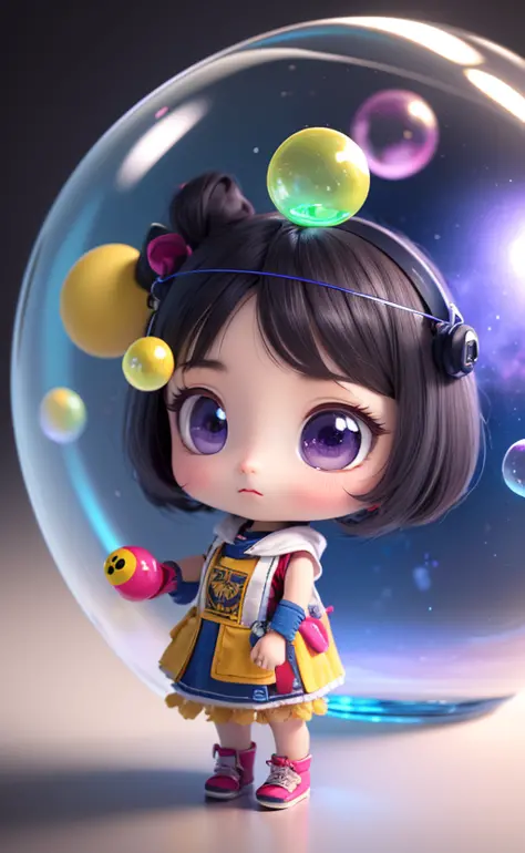 sophisticated mechanical parts,3 d toys bubble ,a white hairs girl in the center,chibi,kawaii,bauhaus,colorful,plastic,product d...