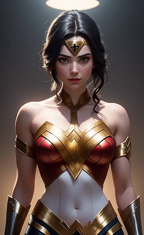 a ilustration of a greek goddes wonder woman, shot, centered, gold black color gel lighting, geometric shadows, glowing lights, ...