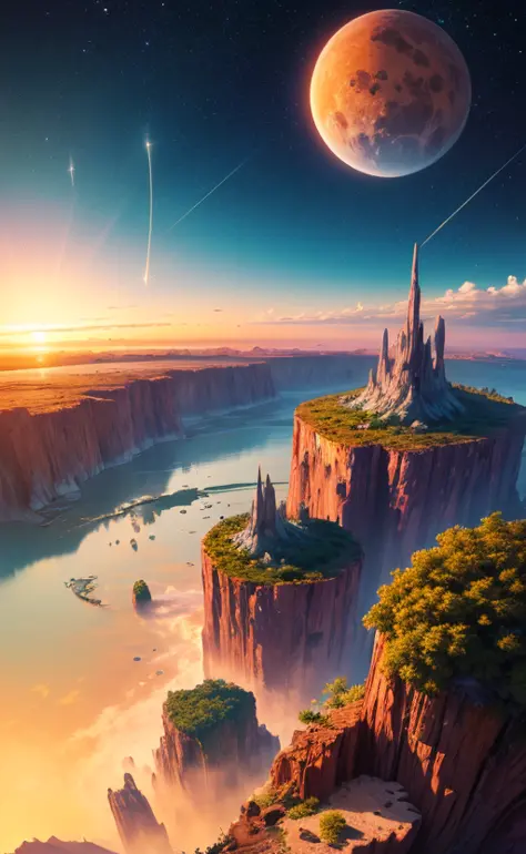 fantasy world red gradient sunset, floating islands, space view comets, jungles, birds