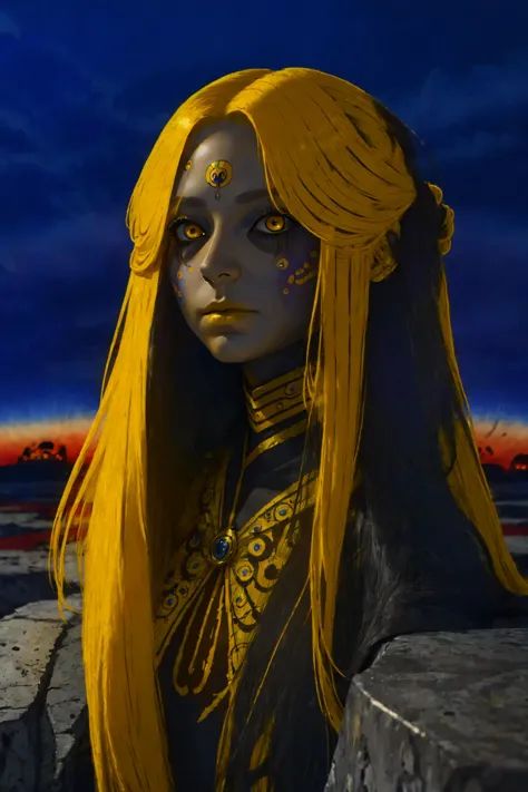 a painting of a woman with long yellow hair and a yellow headpiece