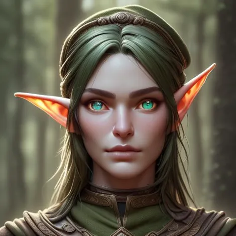 a woman with green eyes and green hair in a forest