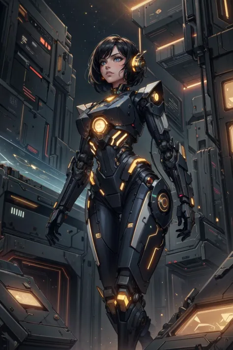 a woman in a futuristic suit standing in a sci city