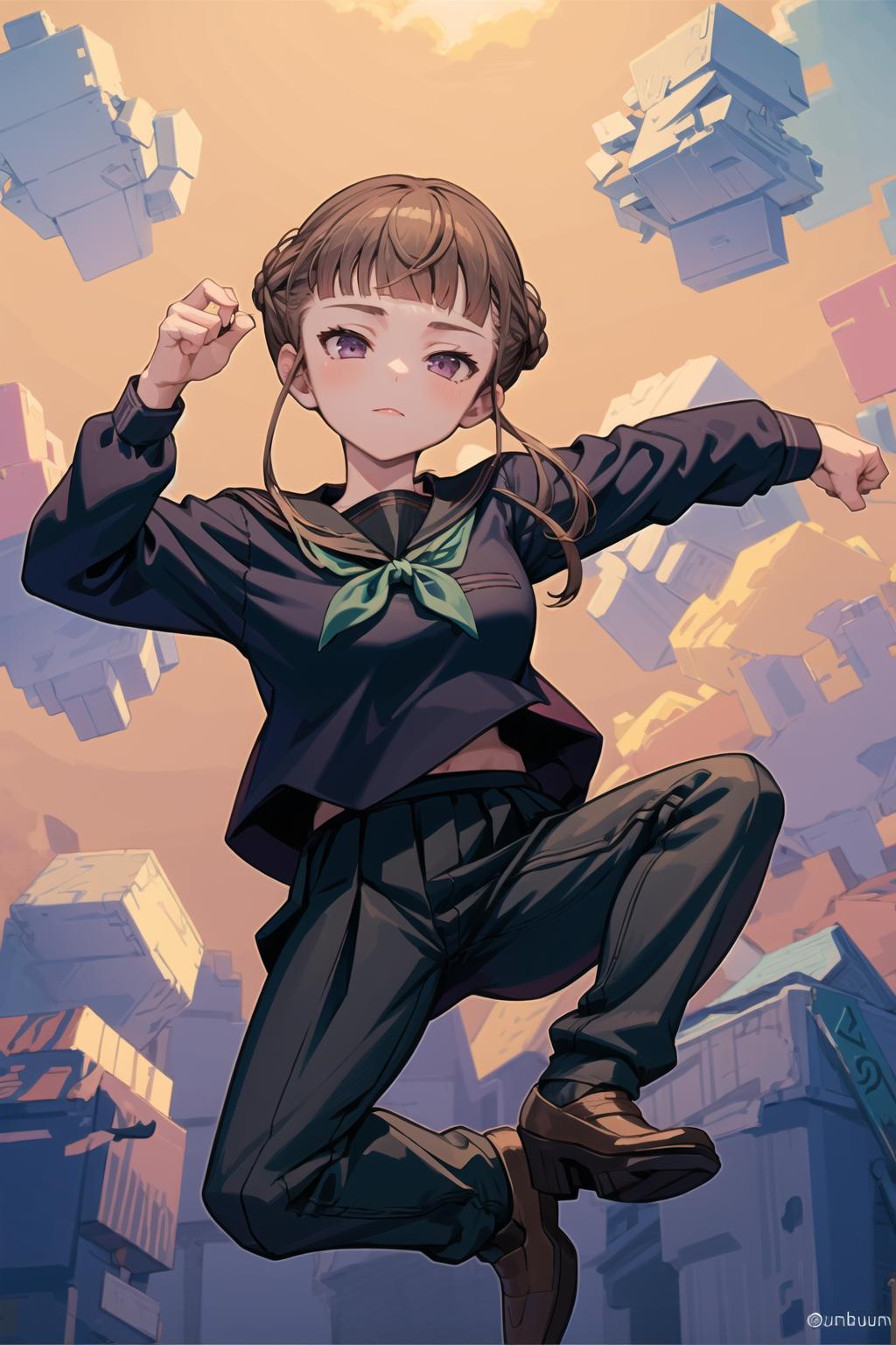 Anime girl jumping in the air with a city background - SeaArt AI