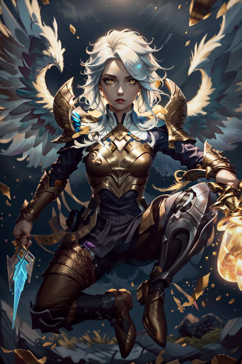 (masterpiece, best quality),  intricate details, 8k, artstation, wallpaper, official art, splash art, sharp focus,
1girl,  solo,  kayle \(league of legends\), 
 vjump,jumping,,