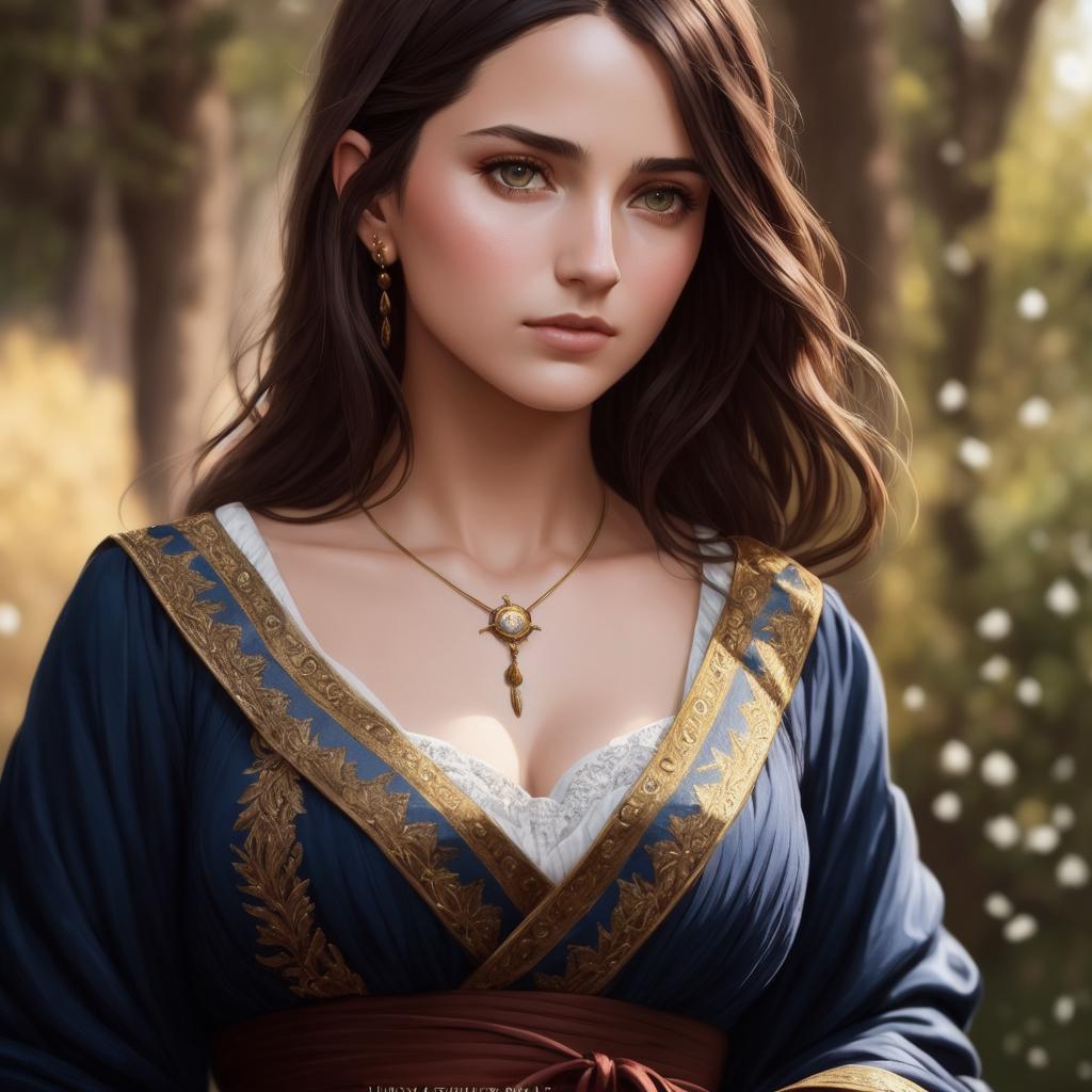 A close up of a woman with a necklace and earrings, render of mirabel  madrigal - SeaArt AI