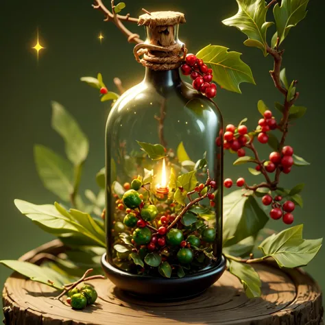 no humans,magical bottle, shining liquid in bottle, (((mistletoe inside bottle))), shining, sparkles, <lora:more_details:0.7>