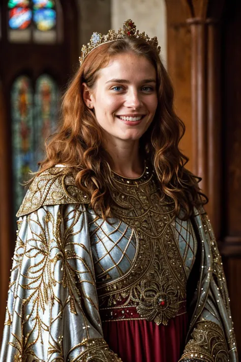 a close up of a woman in a dress and a crown