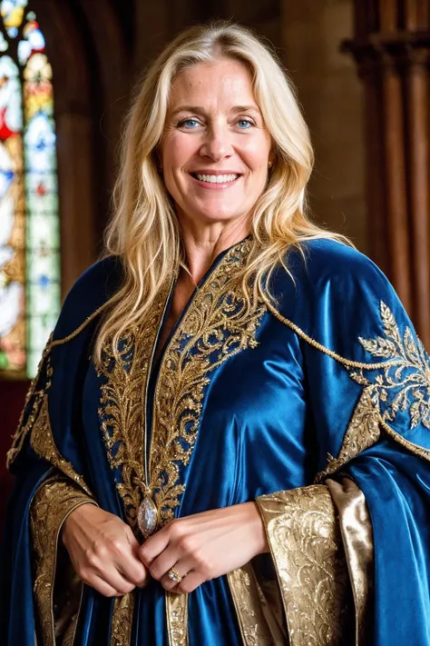 a woman in a blue robe standing in front of a stained glass window