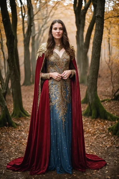 a woman in a medieval dress and cape stands in the woods