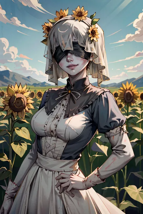 a close up of a woman in a dress and sunflowers