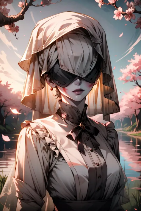 ((ultra detailed, masterpiece, absurdres))
 <lora:BGNNurse:0.8>
BGNNurse,1girl,grey skin, covered eyes, pale skin, bruises, veil, Golden Hour in a Cherry Blossom Orchard