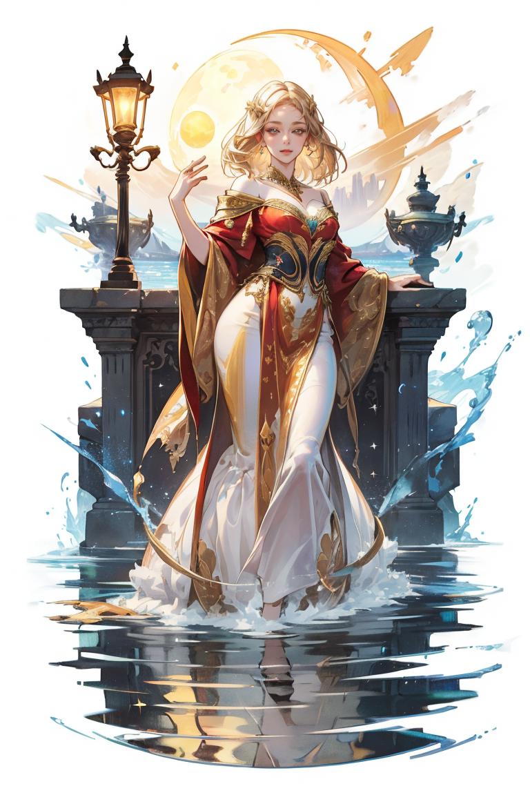 A woman in a white dress and red cape is standing in water - SeaArt AI