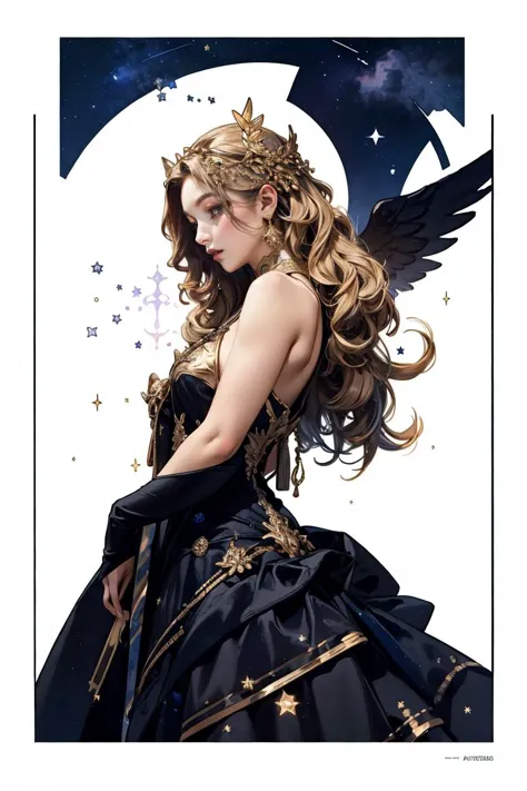 1girl, a girl wearing elaborate ritual dress, long flowing golden hair, cowboy shot, upper body photo, wings, isometric, night sky full of stars, dynamic pose, (masterpiece:1.2), best quality, 8k, absurdres, o <lora:JW:0.5>starry light, night, colorful, cl...